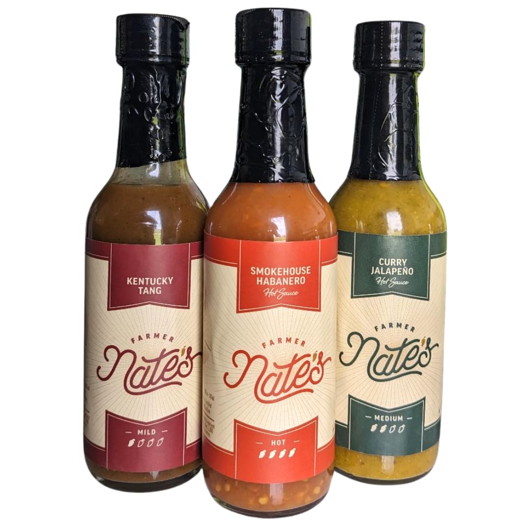 Farmer Nate's Hot Sauce Variety Pack - Smokehouse Habanero, Curry Jalapeño & Kentucky Tang - Bold, Small Batch Gourmet Sauces with All-Natural