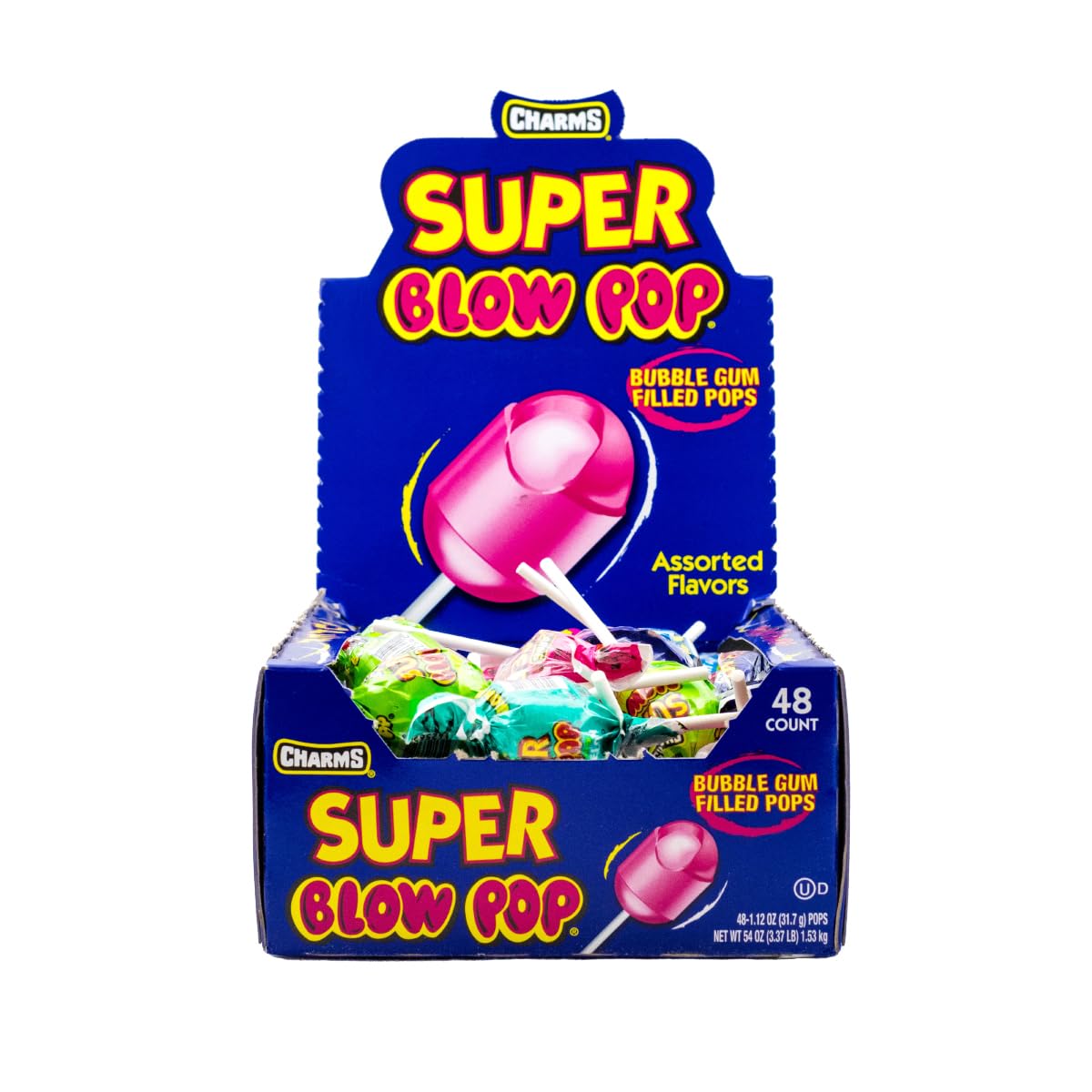 Charms Super Blow Pop Lollipops - Dual Candy and Gum Suckers - Holiday Size Bulk Treats for Kids and Adults - Assorted Flavors, 48 Count