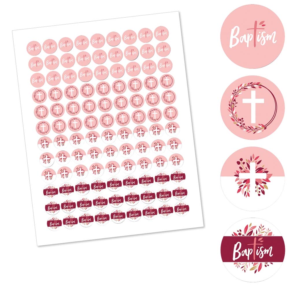 Big Dot of Happiness Baptism Pink Elegant Cross - Girl Religious Party Round Candy Sticker Favors - Labels Fit Chocolate Candy (1 Sheet of 108)