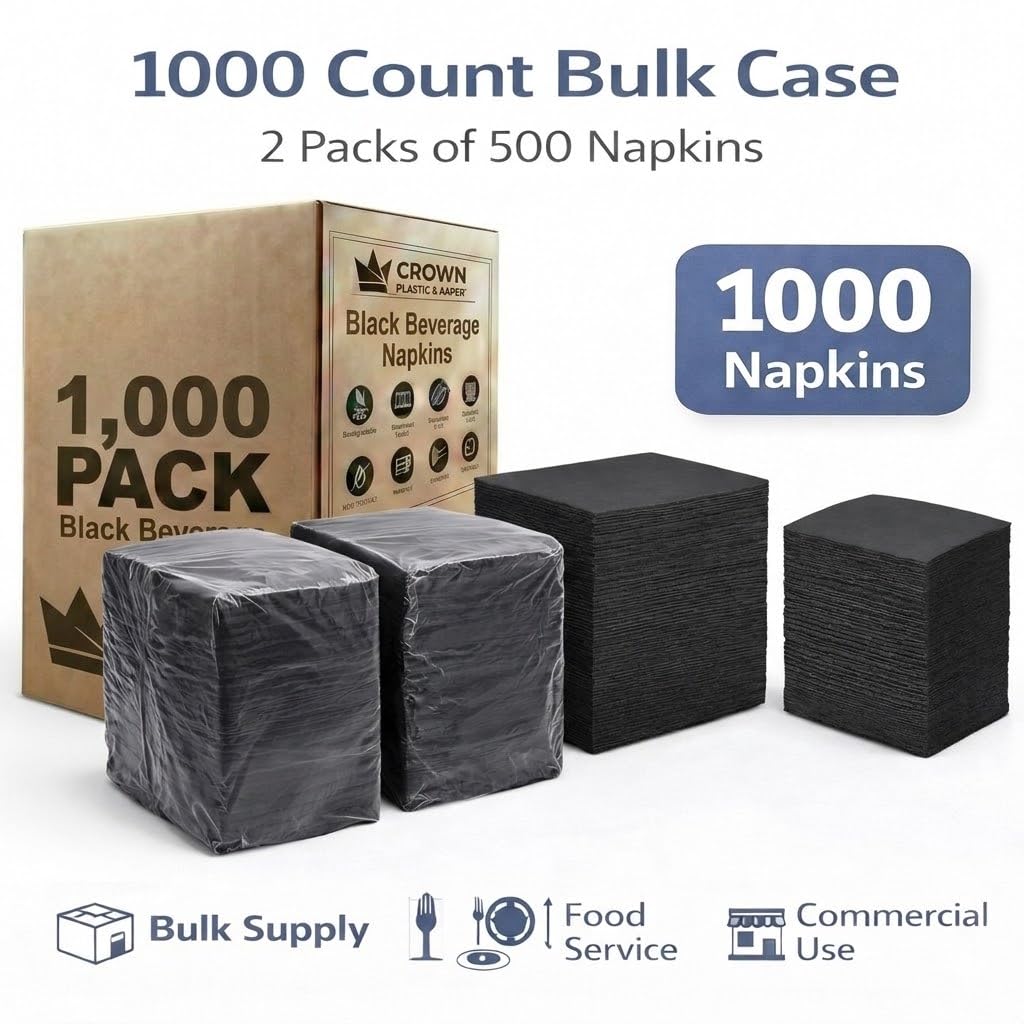 2-Ply Black Beverage Napkins with Standard 9x9 - Disposable Cocktail Napkins Suitable for Everyday Use - Fit Offices, Cafeterias & Restaurants - 1000