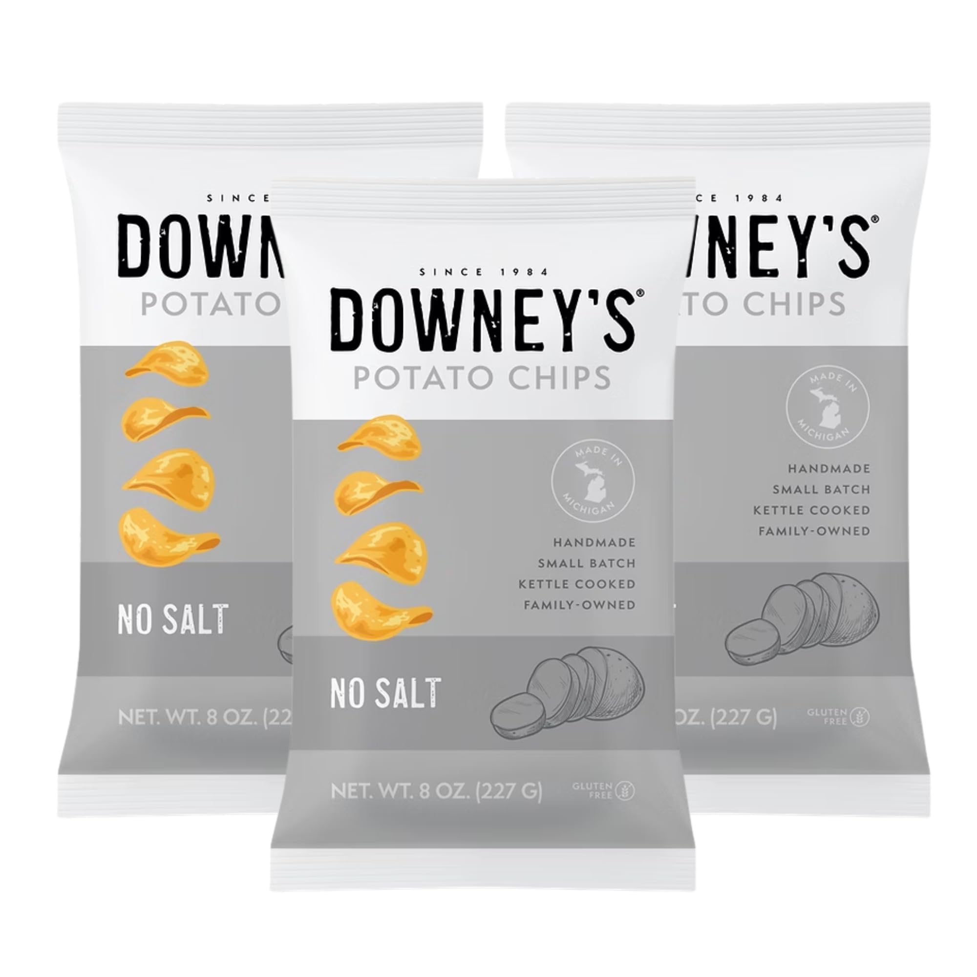 Downey’s Potato Chips, No Salt Kettle-Cooked Potato Chips, Handcrafted Snack, Small-Batch, Light and Crispy, Gluten-Free, Made in Michigan (8oz