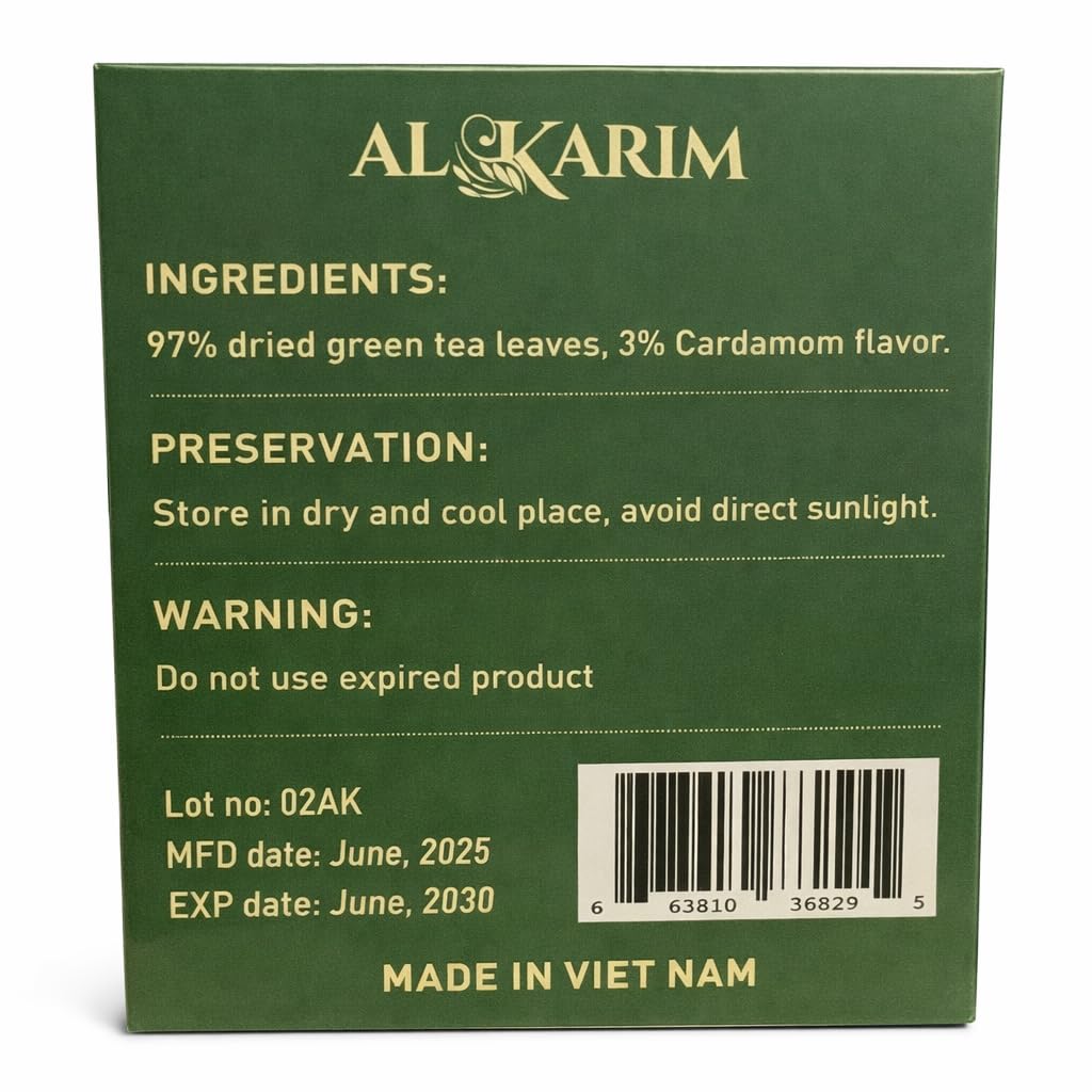AL-KARIM Cardamom Green Tea, 100 Tea Bags, Natural Cardamom Flavor, 200g Net Weight