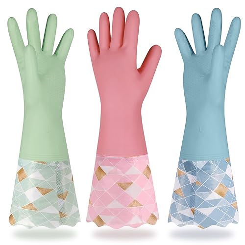 Yiomxhi Household Cleaning Gloves 3 Pairs Reusable Dishwashing Gloves Latex Free, Non-Slip Kitchen Glove with Cotton Lined, Waterproof Dish Washing
