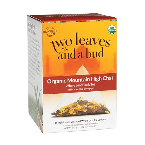 Two Leaves and a Bud Organic Mountain High Chai Tea Bags, Whole Leaf Black Tea and Spices in Pyramid Sachets,15 Count (Pack of 1)