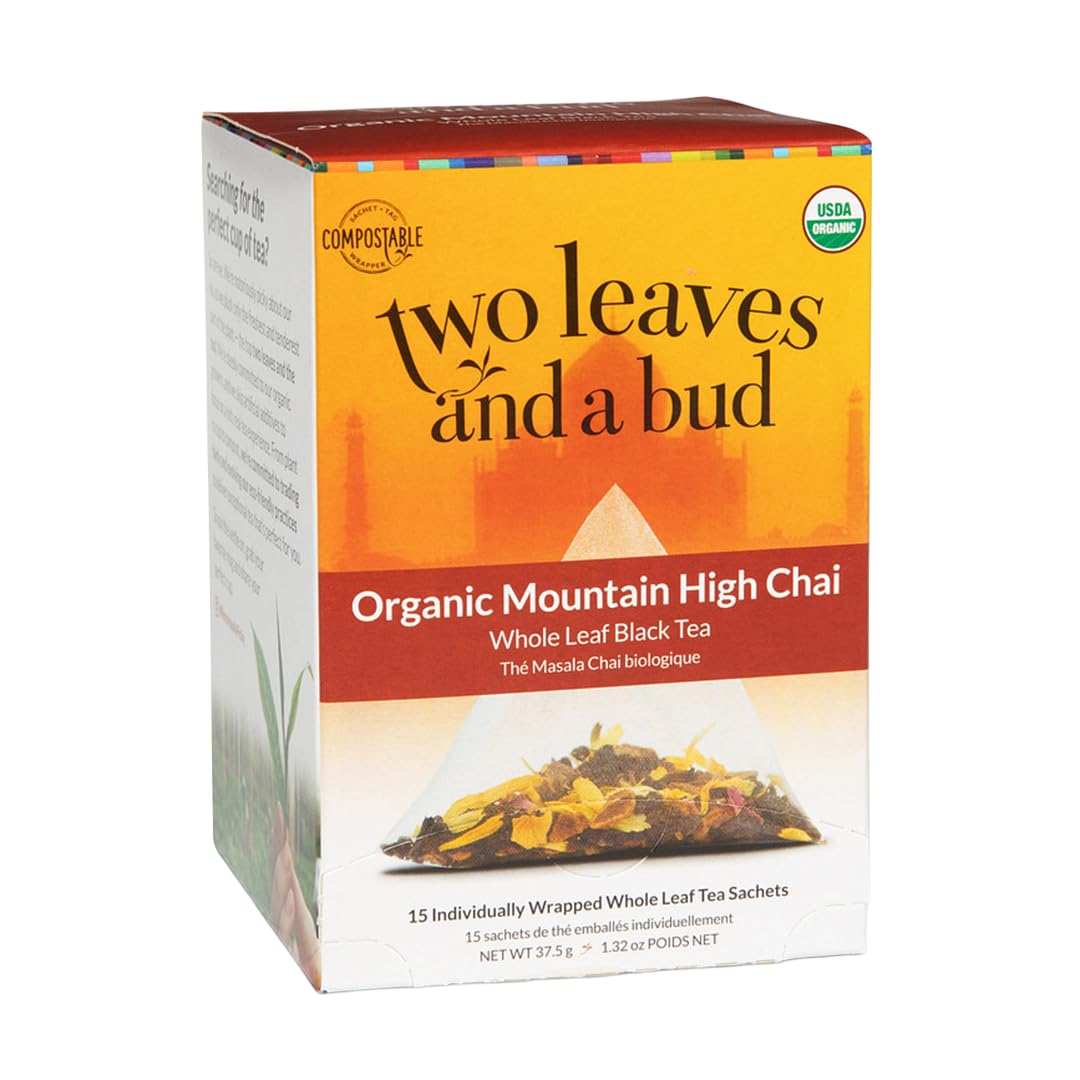 Two Leaves and a Bud Organic Mountain High Chai Tea Bags, Whole Leaf Black Tea and Spices in Pyramid Sachets,15 Count (Pack of 1)