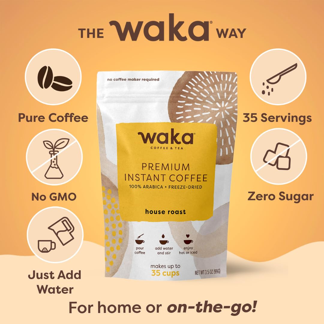 Waka Premium Instant Coffee Pouch - 100% Arabica Freeze Dried Beans - For Hot or Iced Coffee (3.5 Ounces, House Roast)