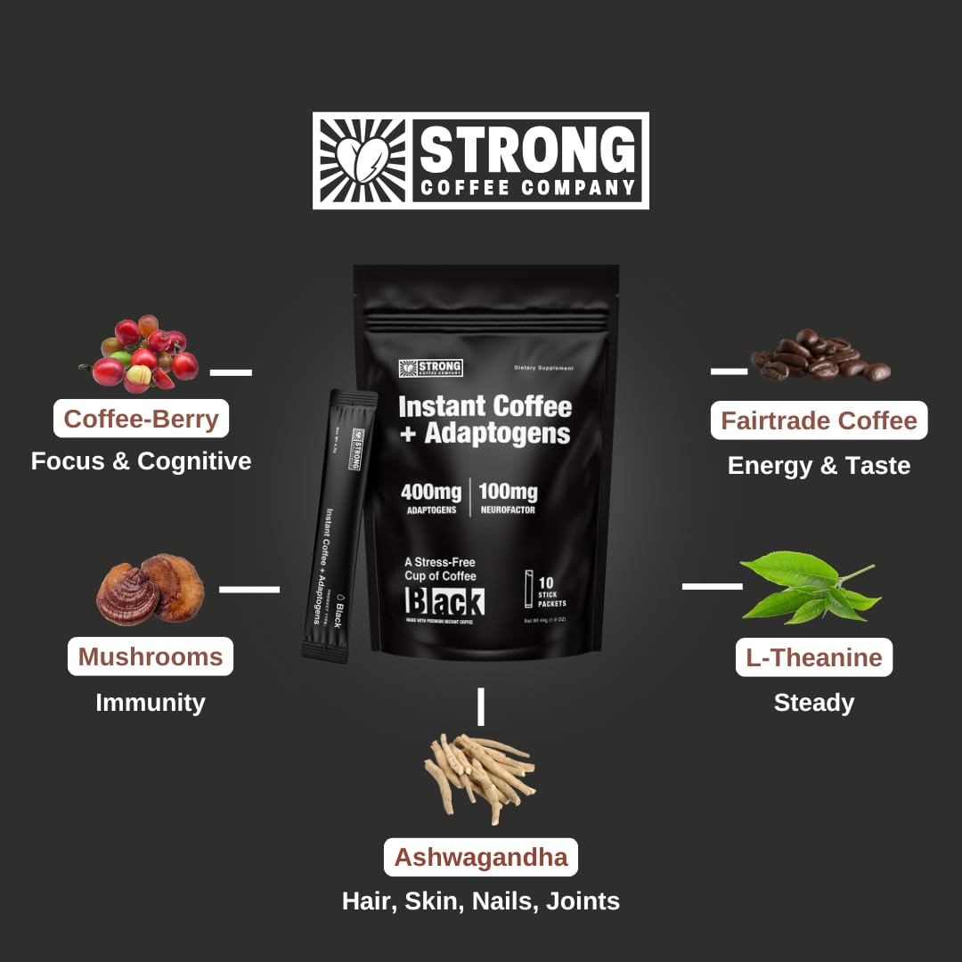 Strong Coffee Co. Instant Black Coffee | Premium Organic Coffee with Nootropics & Adaptogens, NeuroFactor®, L-Theanine, Ashwagandha, Reishi & MCT Oil
