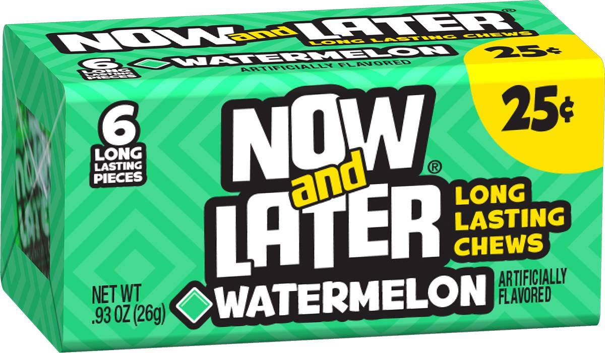 Now and Later Watermelon Long Lasting Chew Candy - 24 per pack -- 12 packs per case.