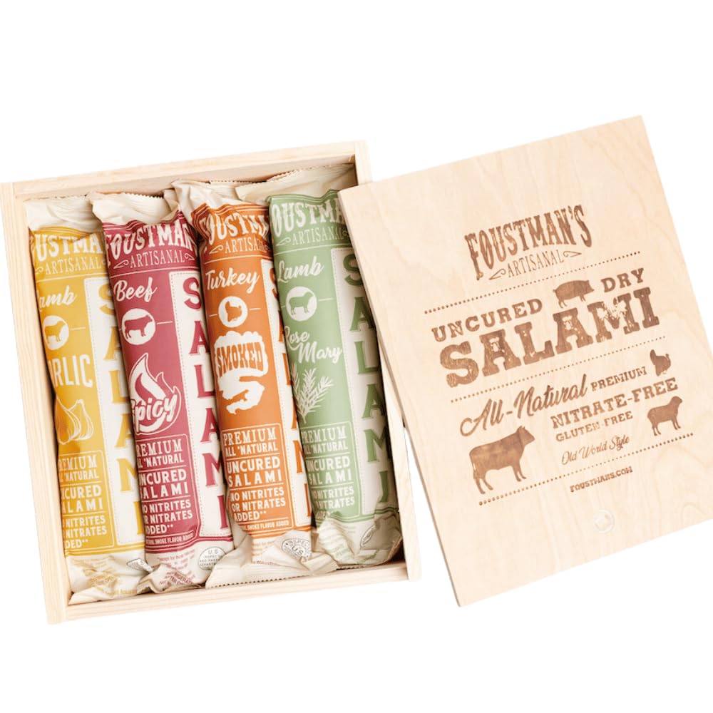 Foustman's Salami Wooden Gift Box, Artisan, Nitrate-Free, Naturally Cured, Flavors - San Francisco Style Pork, Cabernet Wine, Beef, and Pepperoni