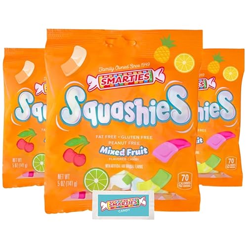 Smarties Squashies Mixed Fruit Flavor & Smarties Sampler Packet Variety Pack- Peanut Free, Gluten Free & Fat Free Gummy Candy - Perfect for Birthday
