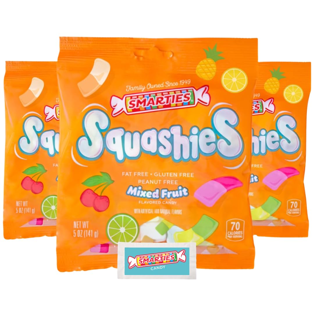 Smarties Squashies Mixed Fruit Flavor & Smarties Sampler Packet Variety Pack- Peanut Free, Gluten Free & Fat Free Gummy Candy - Perfect for Birthday