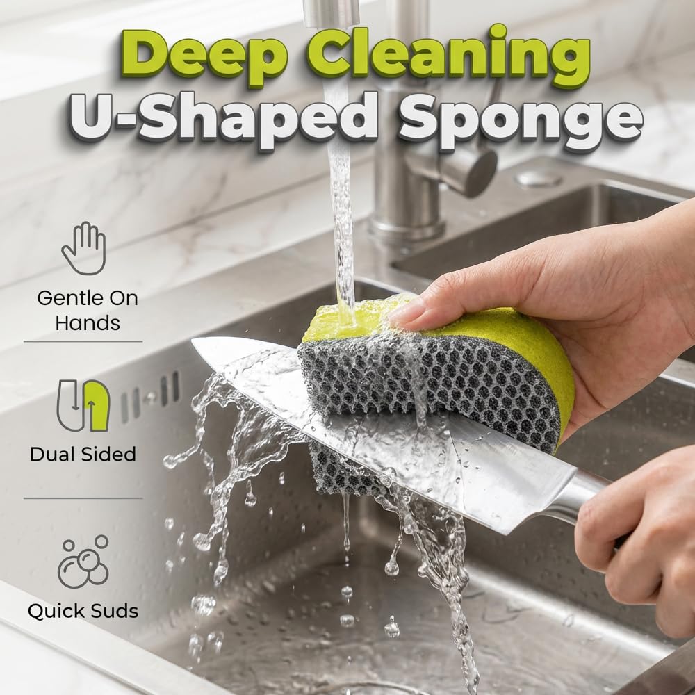 U Shaped Double Sided Sponge Scrubber, Non Scratch Knife Cleaner, Crevice Cleaning Tool, Multi Purpose Kitchen Sponge for Sink Drain Basket Utensils