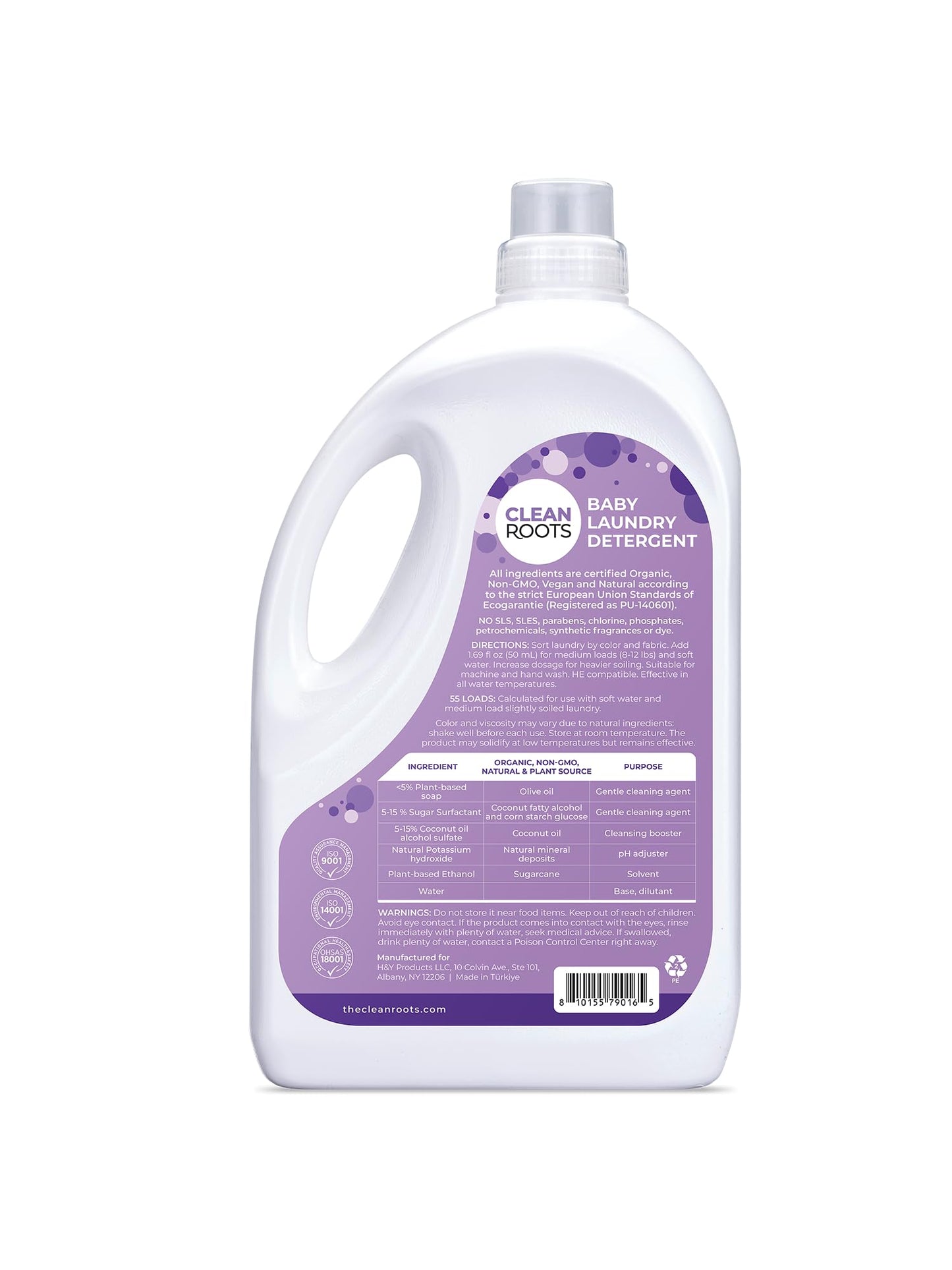 Clean Roots Baby Laundry Detergent, EcoGarantie Certified 100% Organic & Natural, Scent-Free & Hypoallergenic, Dermatologically Tested & Approved - 55