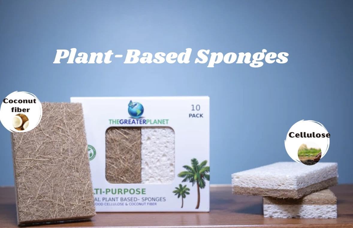 THE GREATER PLANET- Natural Kitchen Sponges, Eco Friendly Cleaning sponges-Multipurpose Wood Cellulose Scrub sponges-10 Pack Biodegradable Organic