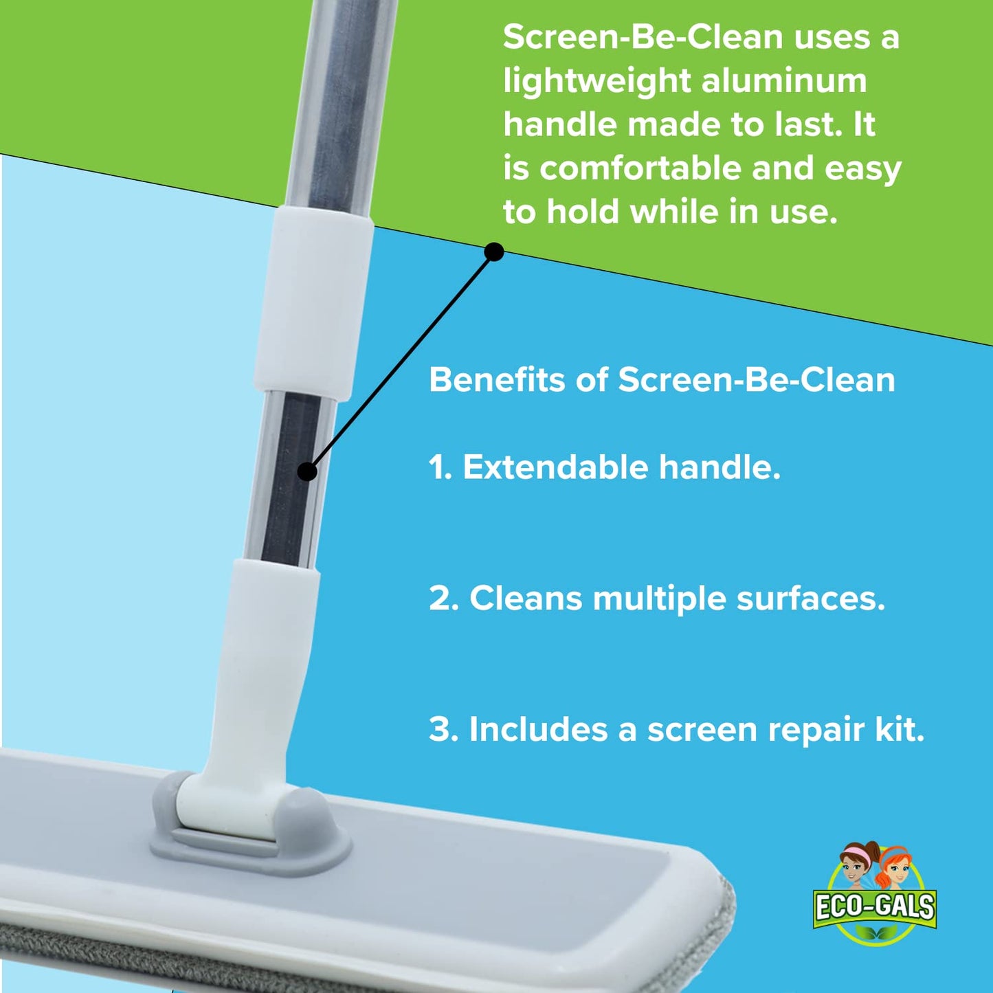 Eco-Gals Screen-Be-Clean All Purpose Screen Cleaner Brush, Duster, Window Squeegee Tool Kit for Wet and Dry Use on Glass Windows, Mesh Screens