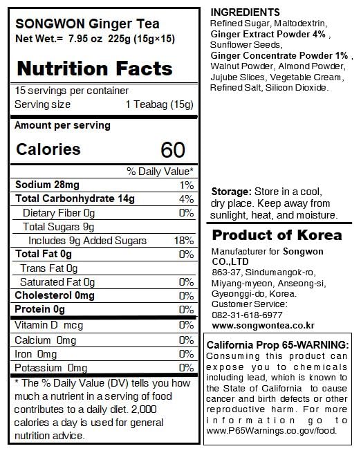 Songwon Traditional Ginger Tea, 15g x 15 Tea Sticks (1 Pack)
