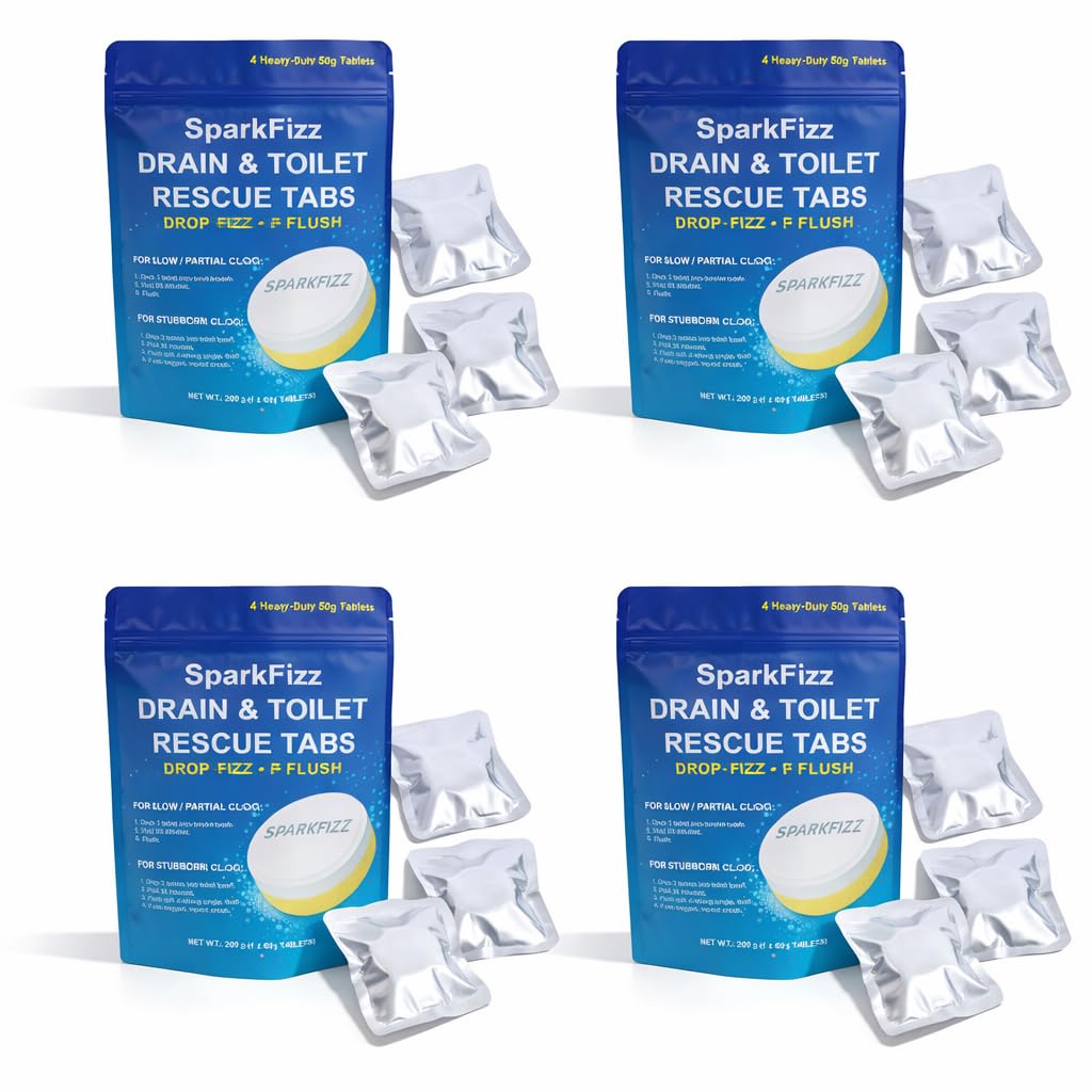 SparkFizz Toilet & Drain Cleaning Tablets - Powerful Foaming Cleaner - Removes Odor & Buildup - Septic Safe - 4/8 / 16 Count (1)
