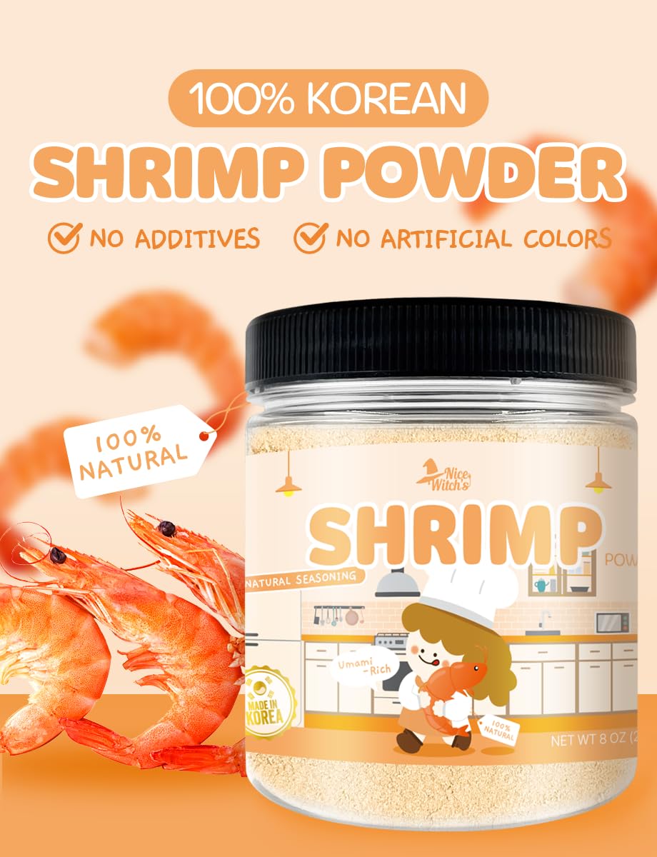 NICE WITCH'S Korean 100% Pure Natural Seasoning 8oz / 227g - Shrimp Powder, MSG Free, Authentic Thai & Southeast Asian Flavor, Pad Thai, Tom Yum