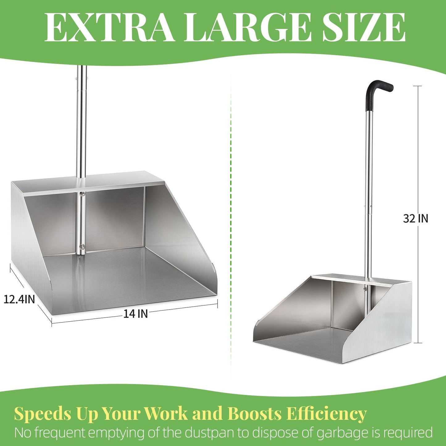 32In Extra Large Dust Pan with Long Handle,Heavy Duty Metal Dust Pan for Jumbo Debris Pan-Commercial Stand up Dustpan,Wide Mouth Outdoor Dustpan