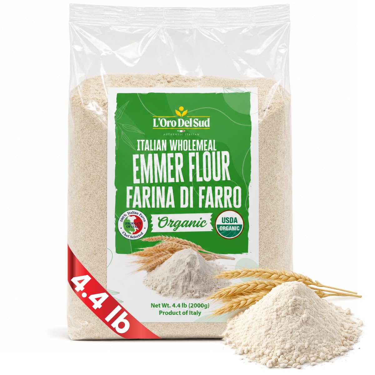 L’Oro Del Sud Organic Farro (Emmer) Flour - 4.4 lb (2 kg), Stone-Ground Ancient Grain Flour from Italy, All-Purpose, High Fiber, Non-GMO