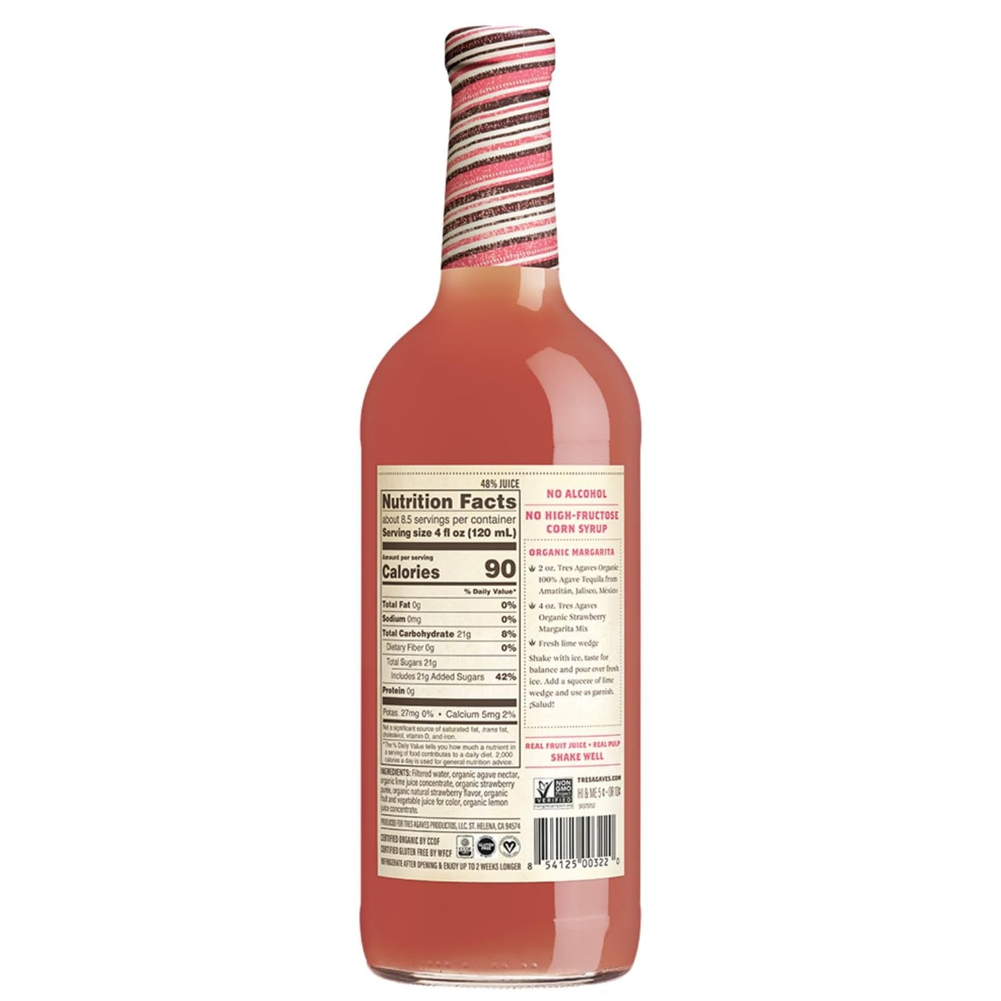 Tres Agaves Organic Strawberry Margarita & Daiquiri Mix - Real Strawberry Purée, Agave Nectar & Lime Juice - All-Natural, Non-GMO, Gluten-Free, Vegan