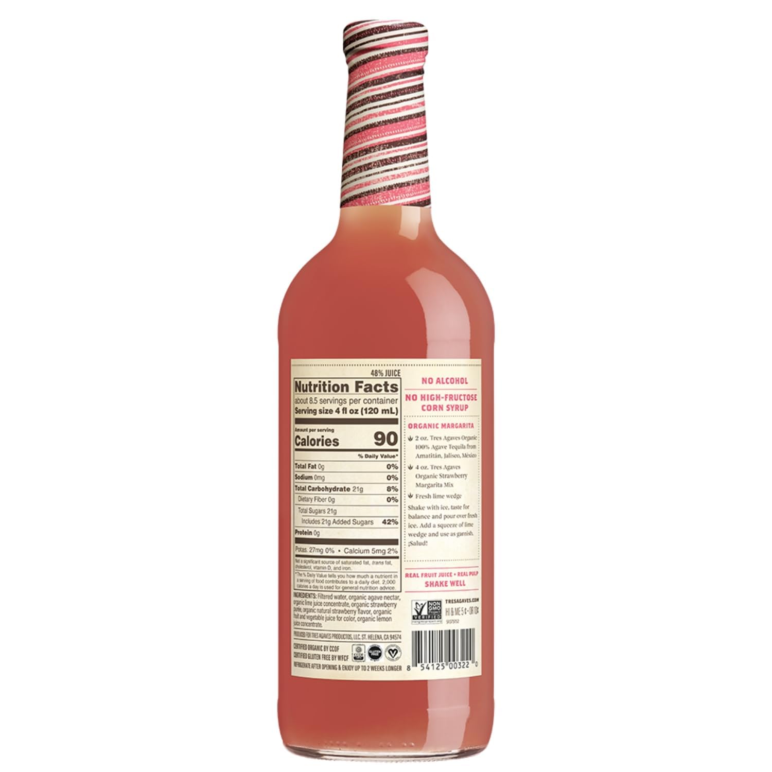 Tres Agaves Organic Strawberry Margarita & Daiquiri Mix - Real Strawberry Purée, Agave Nectar & Lime Juice - All-Natural, Non-GMO, Gluten-Free, Vegan