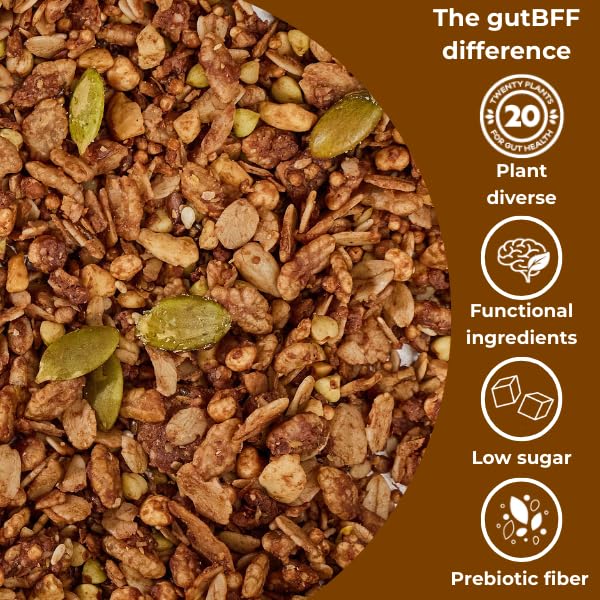 gutBFF Low Sugar Granola - Gluten Free Healthy Granola with Lion’s Mane Mushroom & Baobab Superfruit for Gut Health - 5g Sugar Breakfast Granola