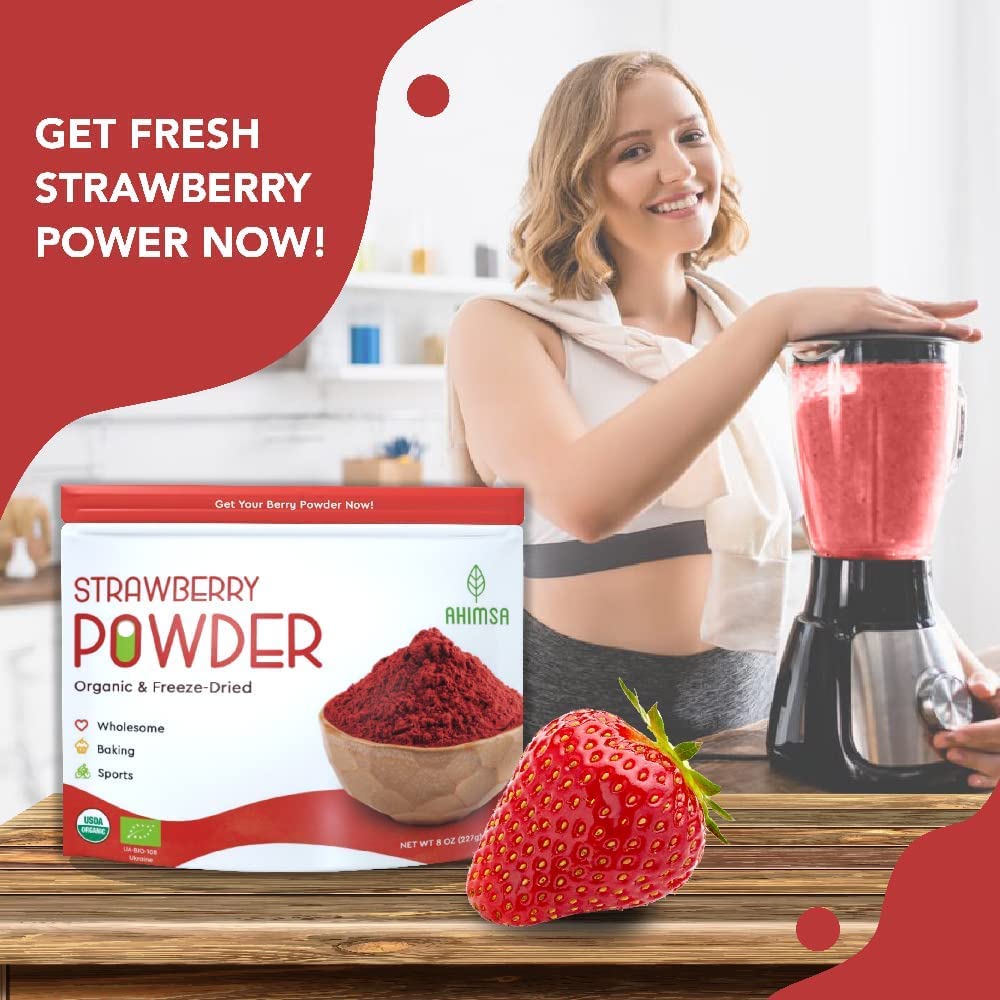 Organic Freeze Dried Strawberry Powder 8 oz | USDA Certified | Vegan Vitamin Food | Natural Organic Fruit Powder