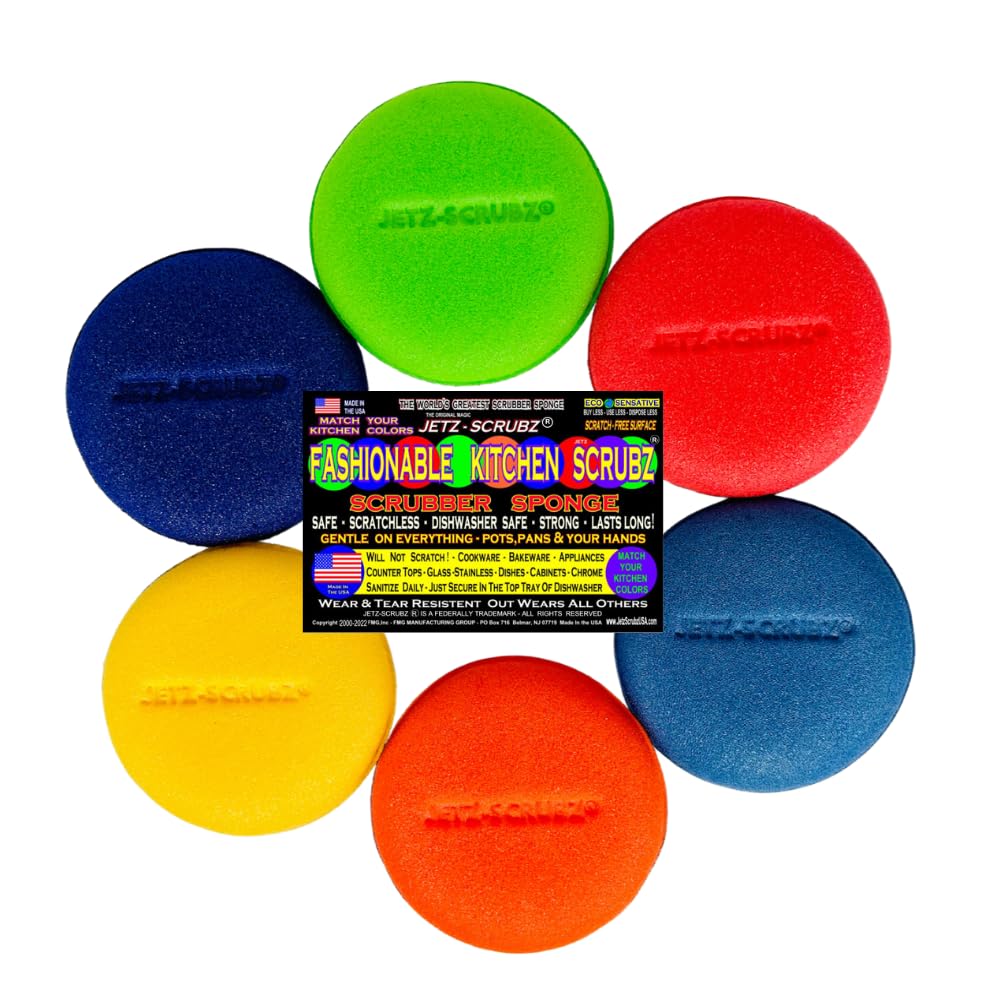 Jetz-Scrubz Fashion Rainbow Classic Round Kitchen Scrubber Sponges, Set of 6