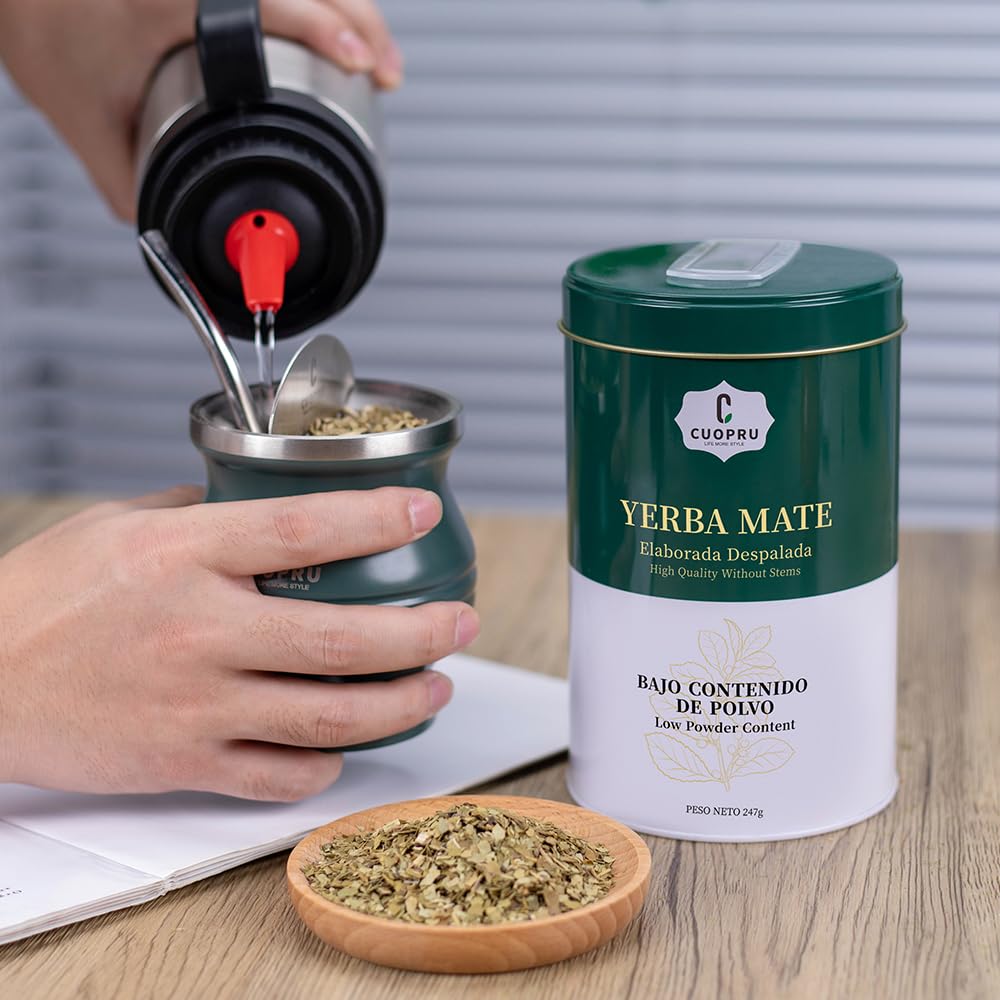 Yerba Mate, CUOPRU Traditional Argentinian Mate Tea, Low Tea Powder, Original Leaves without Stems, Included Portable Storage Container(Green