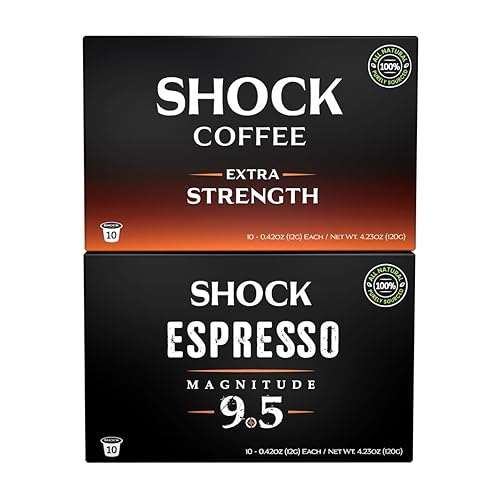 Shock Coffee Variety Pack | Try Extra Strength & Espresso 9.5 | High Caffeine Single Serve Coffee Pods | Medium Dark Roast | 20 Count