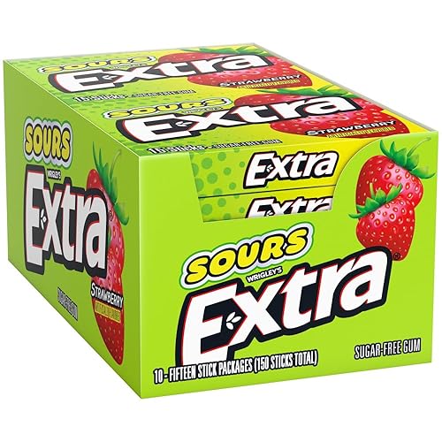 EXTRA SOURS Strawberry Sugar Free Fruit Gum, Sour Candy, 15-Stick Chewing Gum Pack, Purse Essentials, 10 Count