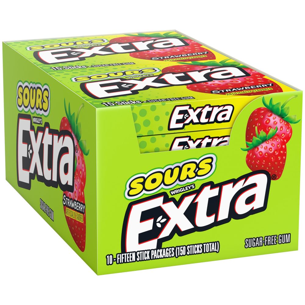 EXTRA SOURS Strawberry Sugar Free Fruit Gum, Sour Candy, 15-Stick Chewing Gum Pack, Purse Essentials, 10 Count