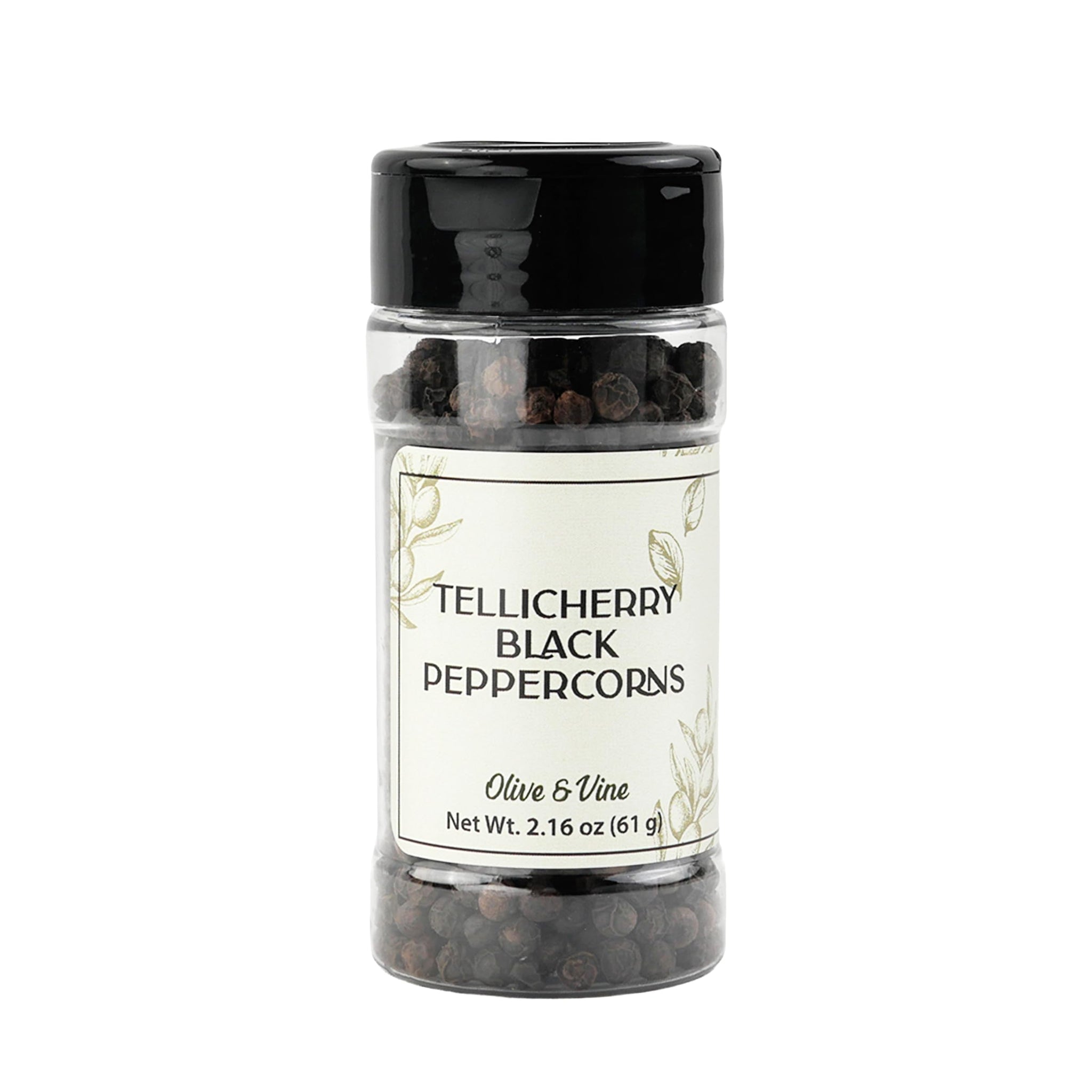 Olive & Vine Tellicherry Black Peppercorns, Bold Flavor, For Seasoning & Marinades, Rich Tradition, Authentic Taste, For Global Recipes (2.16 Ounce)