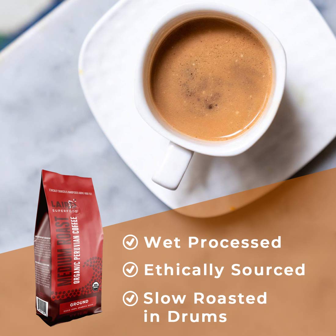 Laird Superfood Peruvian Medium Roast Caffeinated Ground, Ethically Sourced Premium Ground Coffee, Gluten-Free, Dairy-Free, Non-GMO, Paleo, Keto