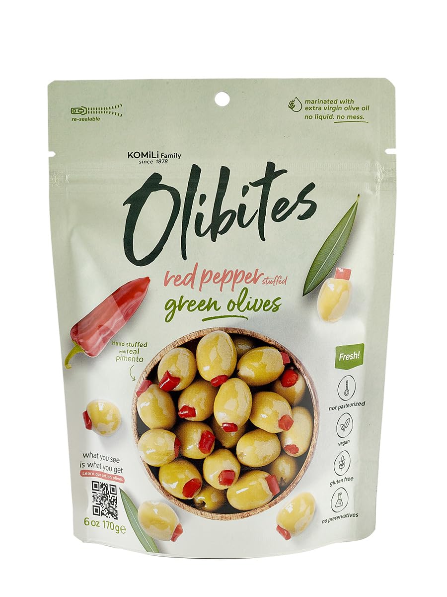 Olibites Pitted Olives - Fresh Olives Marinated in Extra Virgin Olive Oil with a sweet red pepper flavor (6 oz, Red Pepper Stuffed)