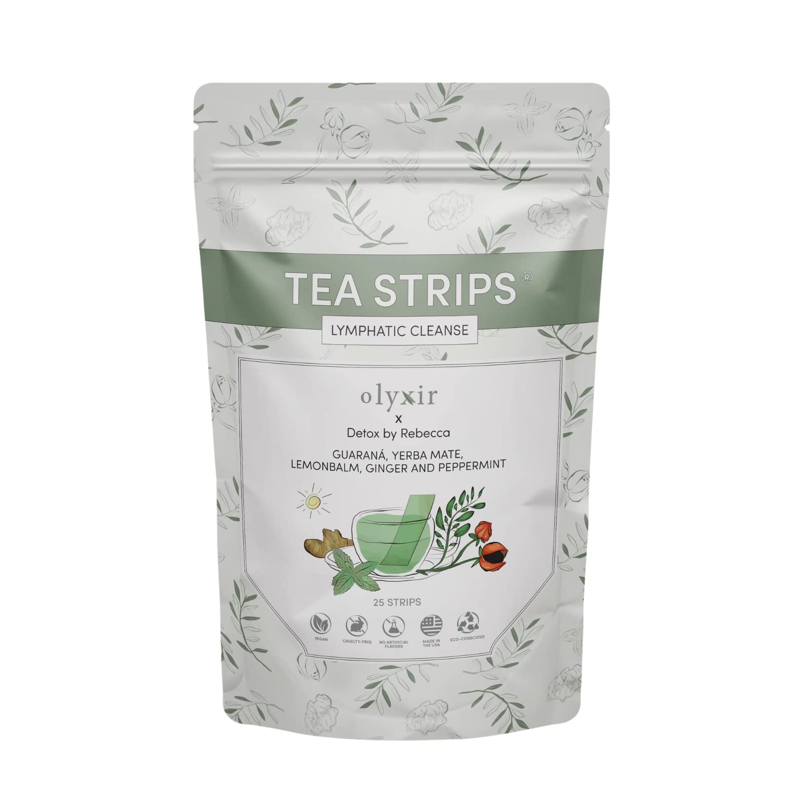 Olyxir x Detox By Rebecca Tea Strips - Guarana, Yerba Mate, Lemonbalm, Ginger & Peppermint Flavor Instant, Organic, Non-GMO | 25 Ct (Lymphatic