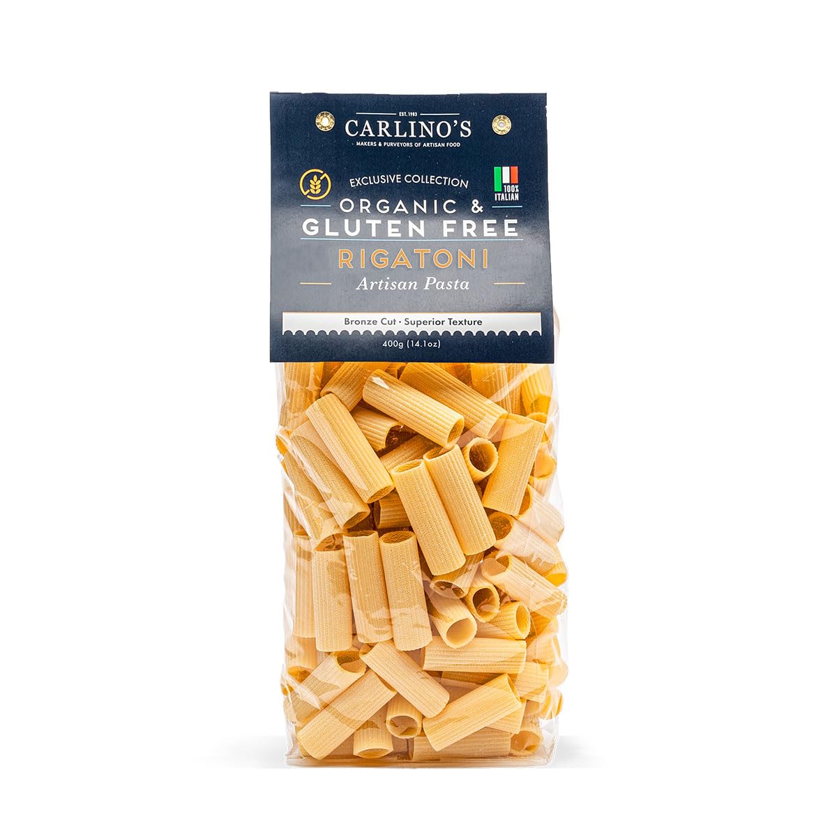 Carlino's Gluten-Free Rigatoni | Organic Corn and Rice Flour | Bronze Die Cut | Air Dried | Sugar-Free | Superior Texture, USDA Organic, Made in
