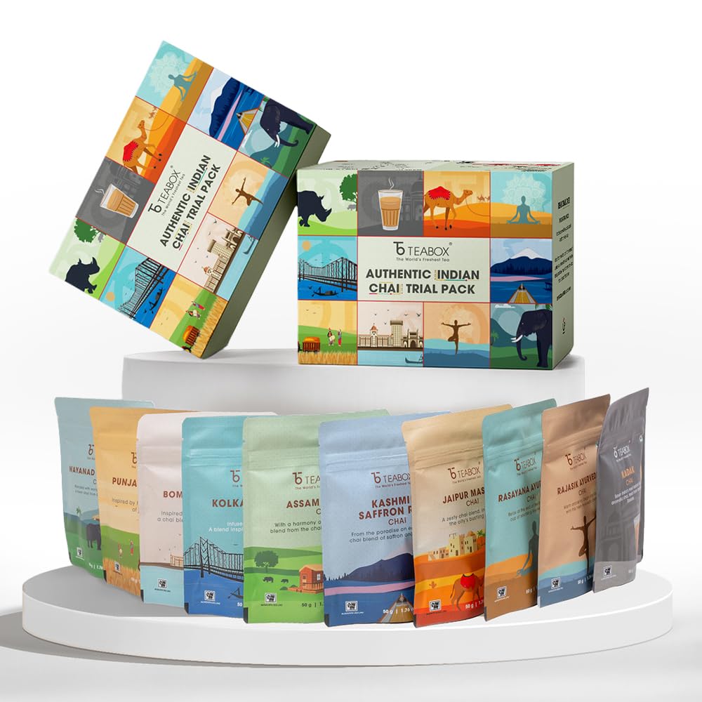 Teabox Premium Authentic Indian Spiced Chai Tea Assorted Pack (BOGO) | 10 Exotic Varieties of Chai X 60G Each | 600g/21.16oz | No Artificial Flavors |