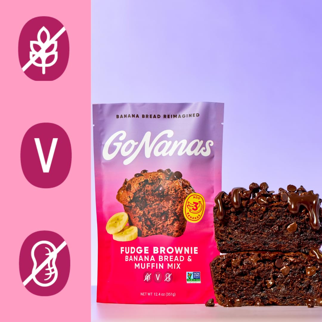 GoNanas Fudge Brownie Oat Flour Banana Bread Mix, Suitable for Plant Based Vegan Diets, Gluten Free Dairy Free Snacks, Healthy Snacks For Adults, Muffin Mix, Nut Free, Cupcakes Dessert, NON-GMO, 3pk