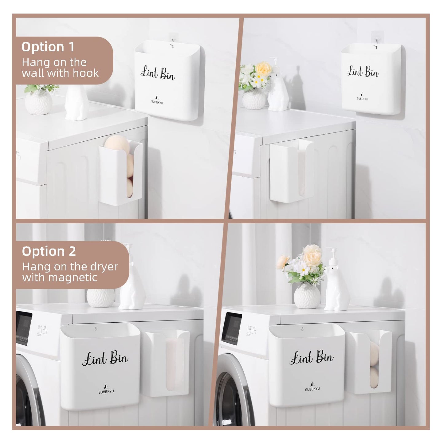 SUBEKYU Magnetic Lint Bin for Laundry Room, Small Waste Bin or Laundry Storage Container for Hanging on Dryer/Washer/Wall, 0.85 Gallon, White