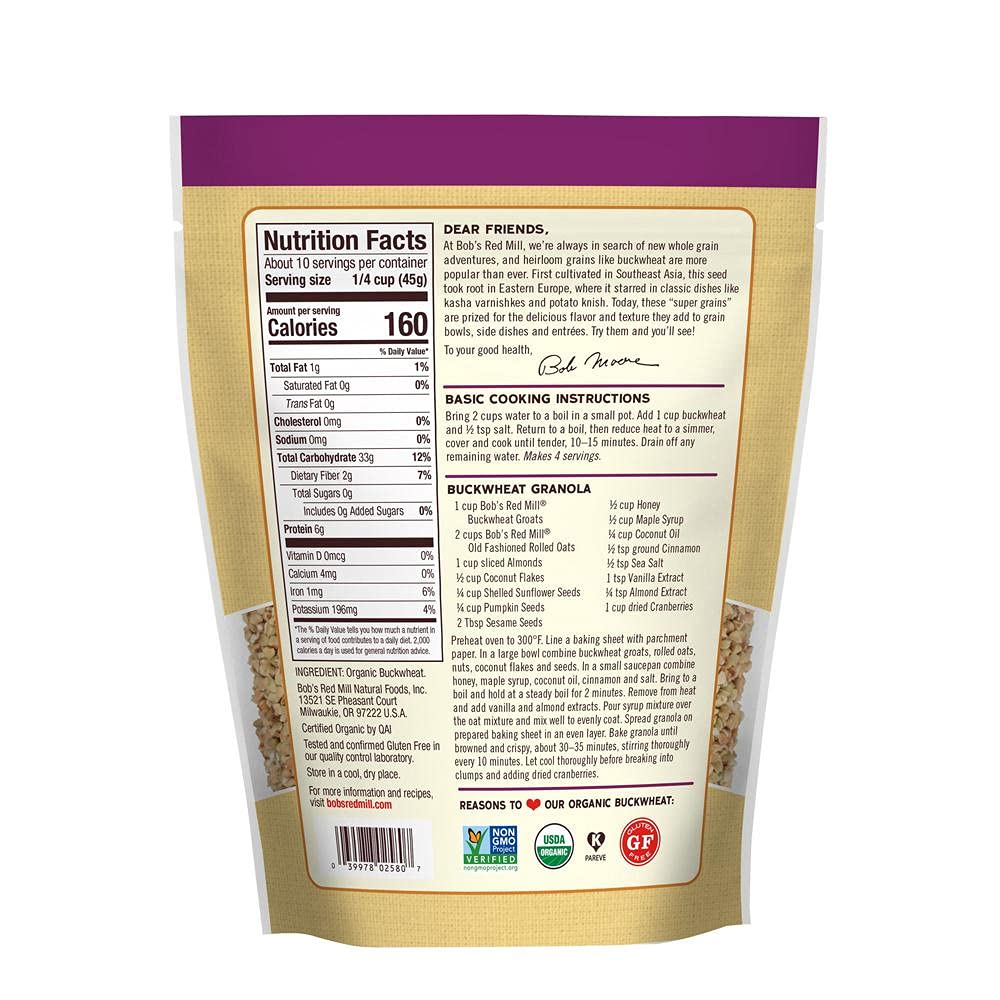 Bob's Red Mill Organic Whole Grain Raw Buckwheat Groats, 16 oz, 2 pk