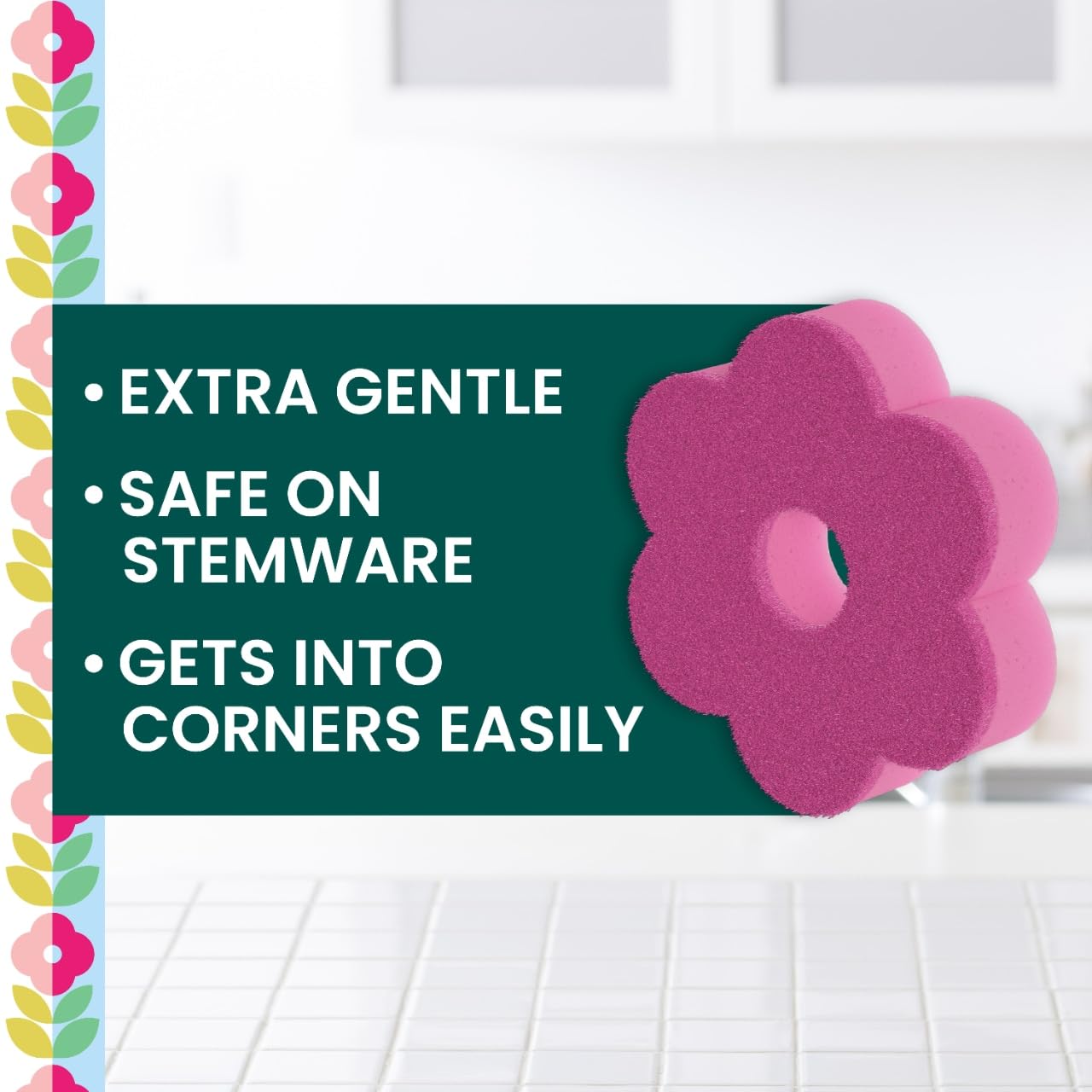 Scotch-Brite Brite Blooms Extra Gentle Scrub Sponge, Dishwasher-Safe Kitchen Sponge for Cleaning Delicate Surfaces, Pink Spring Flower Dish Sponges