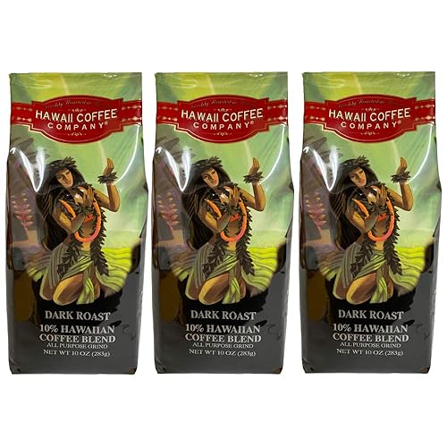 Hawaii Coffee Company, 10% Hawaiian Blend, Dark Roast, Ground Coffee, 10oz Bag (Three Bags)