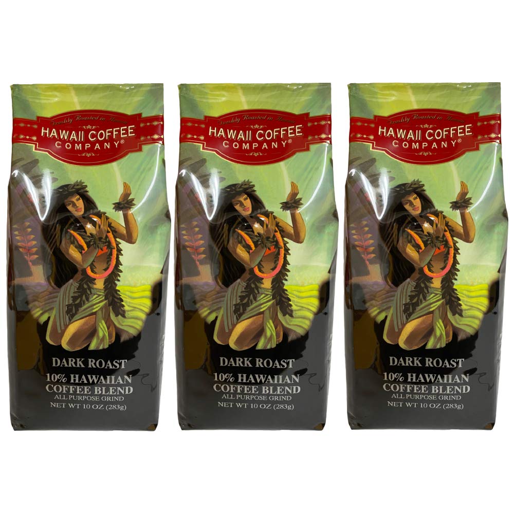 Hawaii Coffee Company, 10% Hawaiian Blend, Dark Roast, Ground Coffee, 10oz Bag (Three Bags)