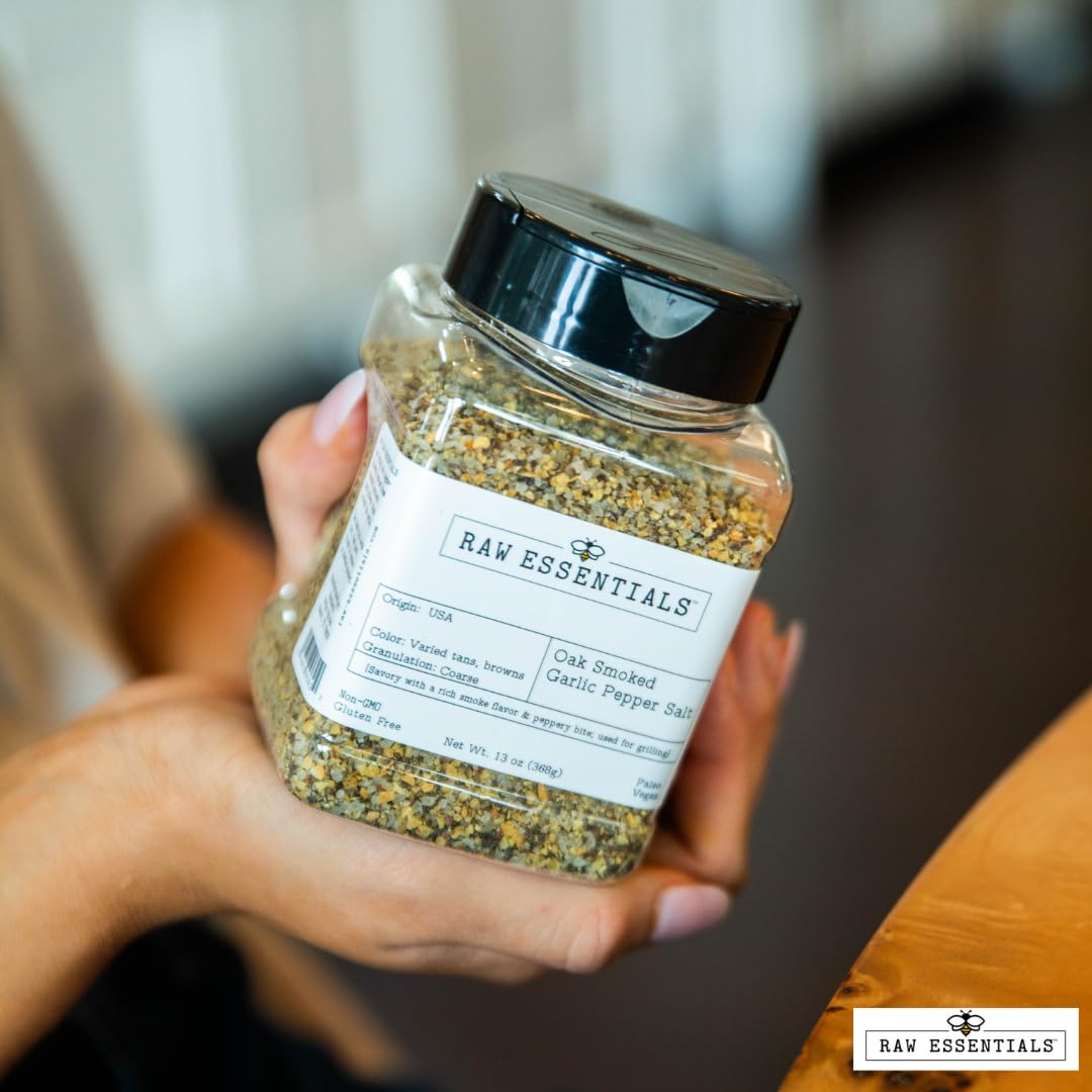 Raw Essentials Texas Pit Oak Smoked Garlic Pepper Salt - Steak and Chop Seasoning - Great on Beef, Chicken, Pork and Vegetables - Vegan, Paleo