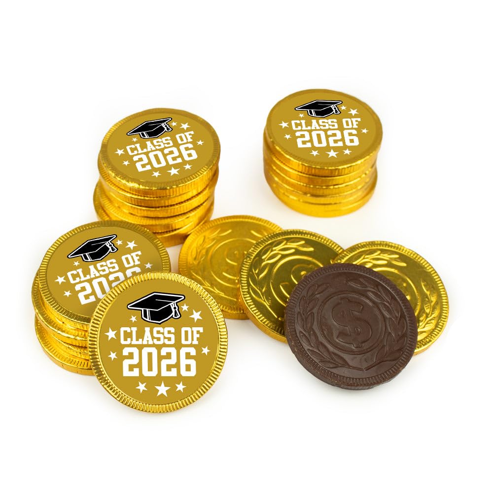 80 Pack Class of 2026 Graduation Stickered Gold Foiled Chocolate Coins - Candy Party Favors For Graduation Celebrations, Table Decoration & Gift Bags