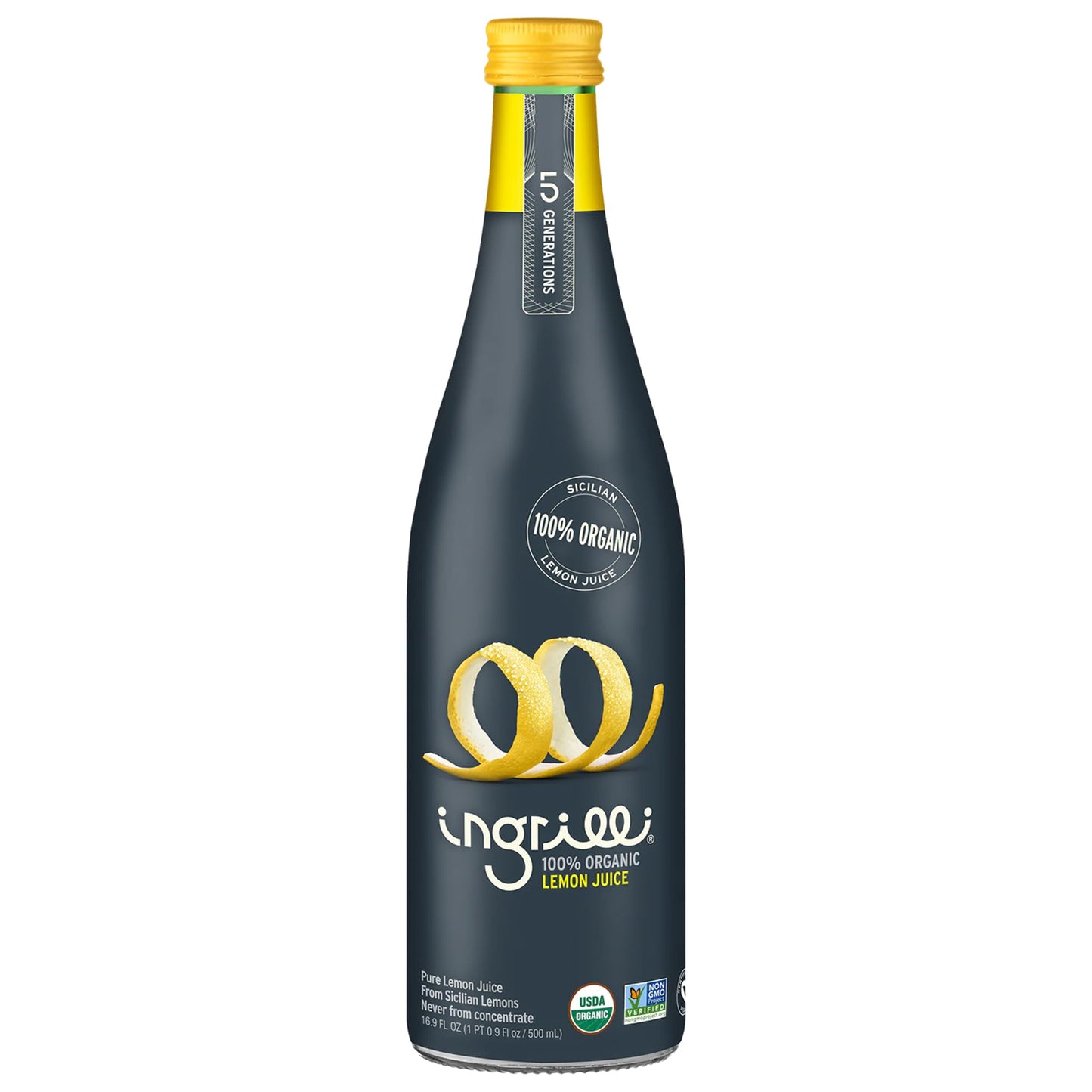 Ingrilli 100% Organic Lemon Juice, 16.9 Fl Oz Glass Bottle (Pack of 3)