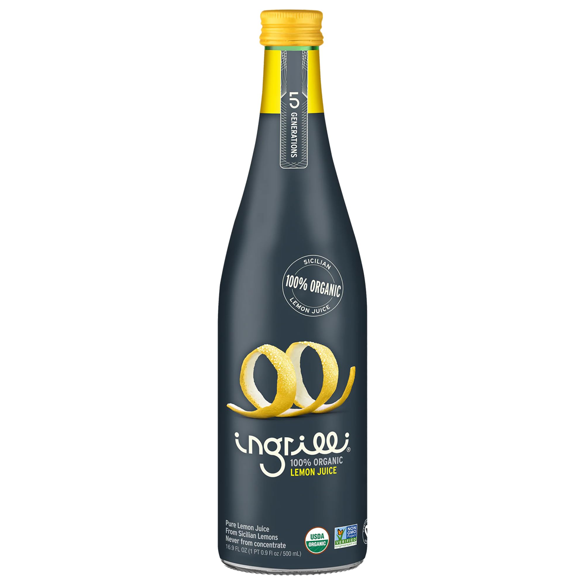 Ingrilli 100% Organic Lemon Juice, 16.9 Fl Oz Glass Bottle (Pack of 3)