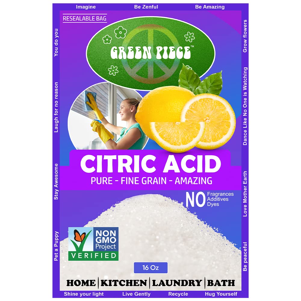 Green Piece® Citric Acid - 100% Pure -Medium Grain 100% Natural 16 oz - Resealable Bag Made